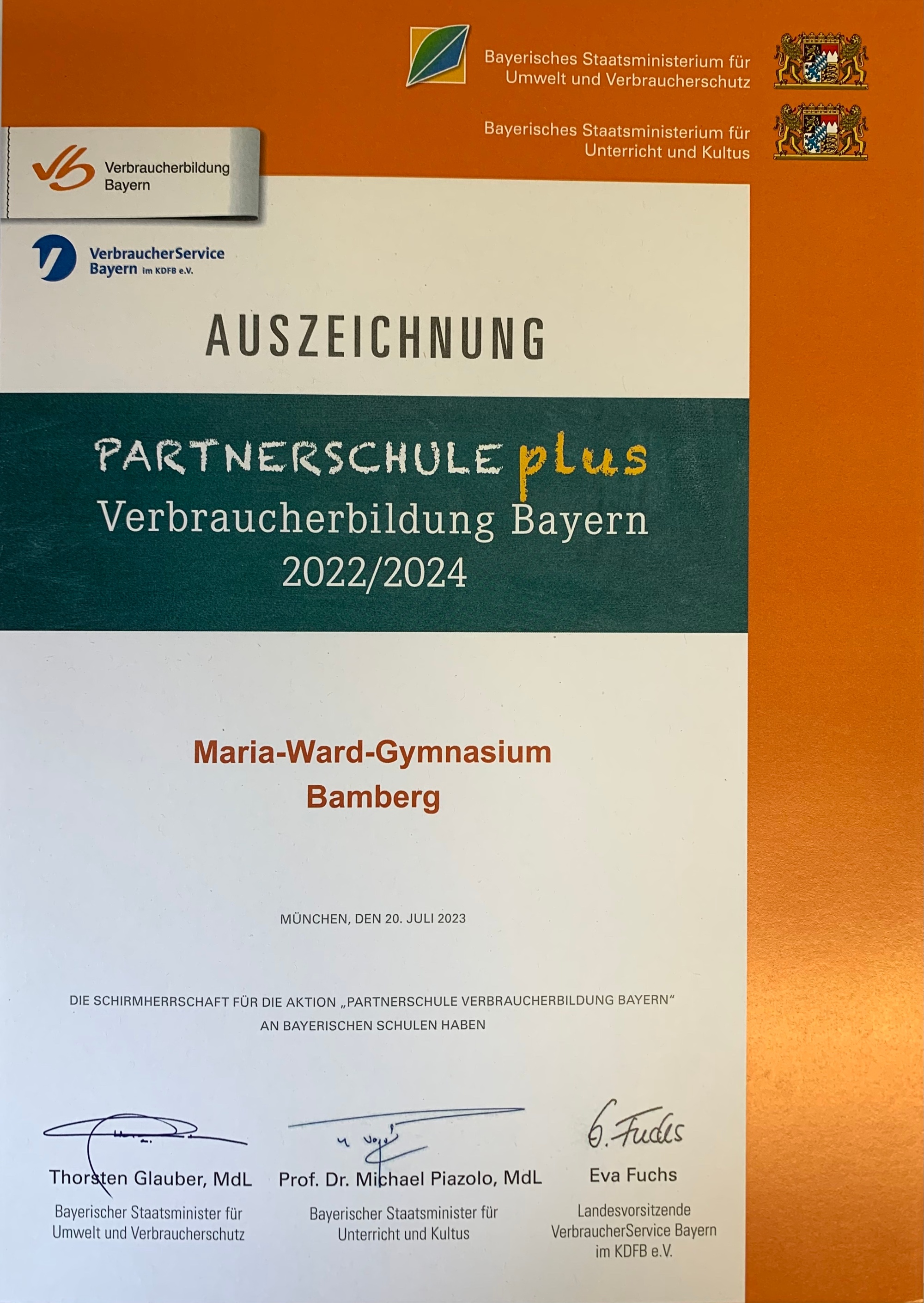 Auszeichnung Partnerschule Plus Verbraucherbildung Bayern 2022:2024